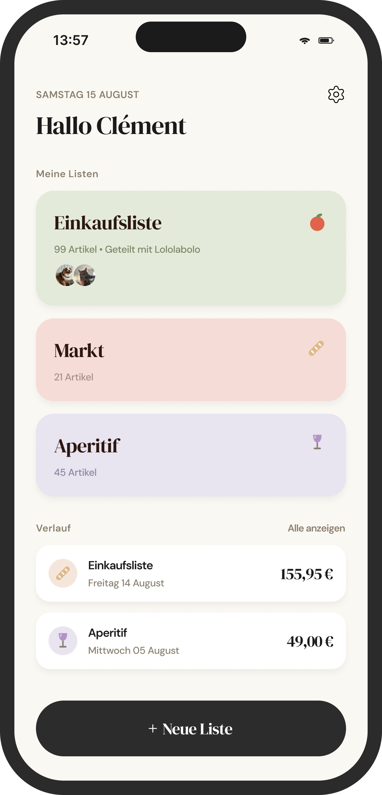Listeno-Startbildschirm