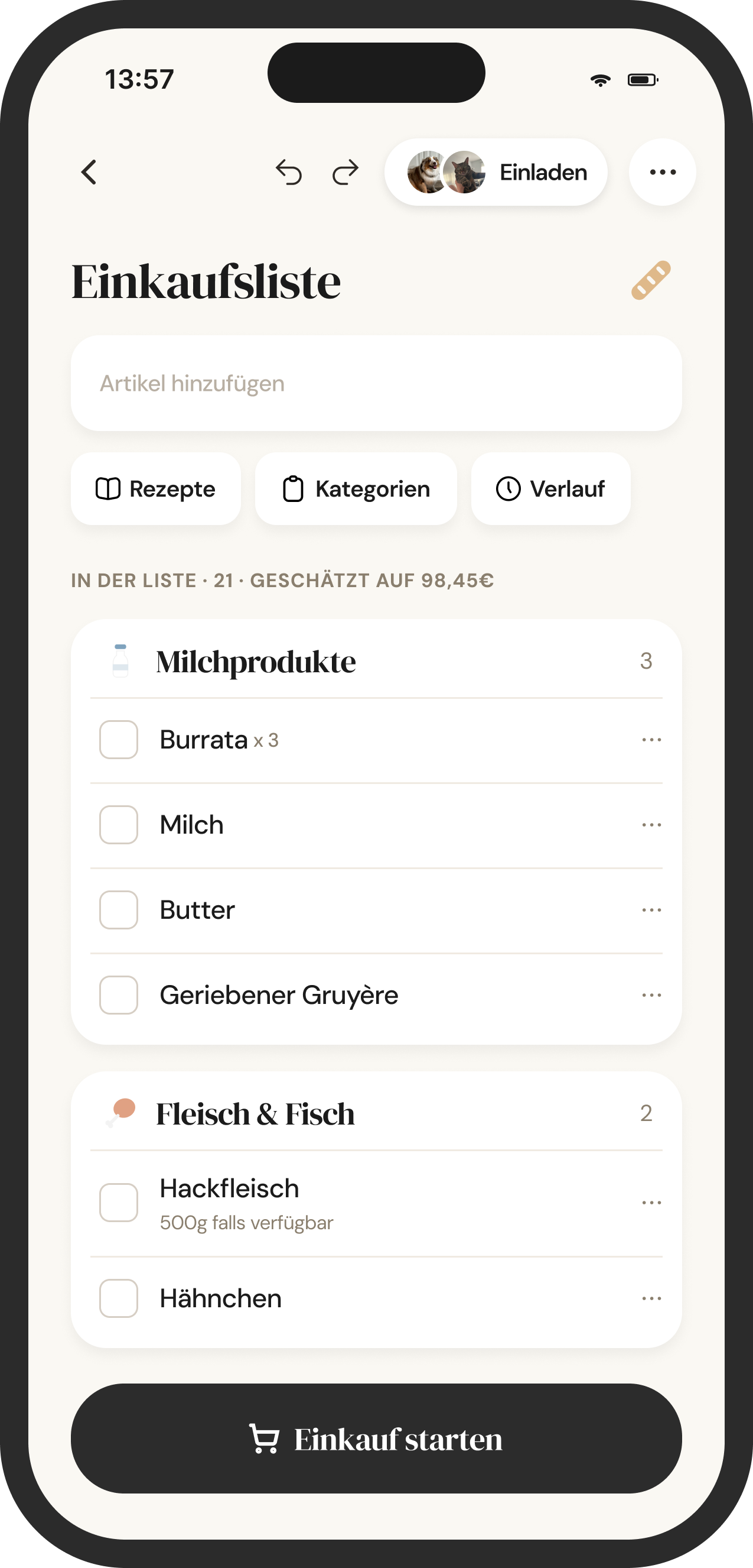 Nach Gängen sortierte Einkaufsliste