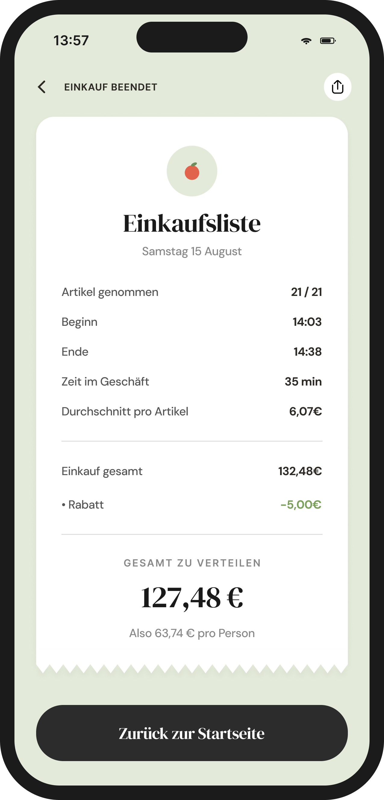 Zusammenfassung des Einkaufs und des geteilten Betrags