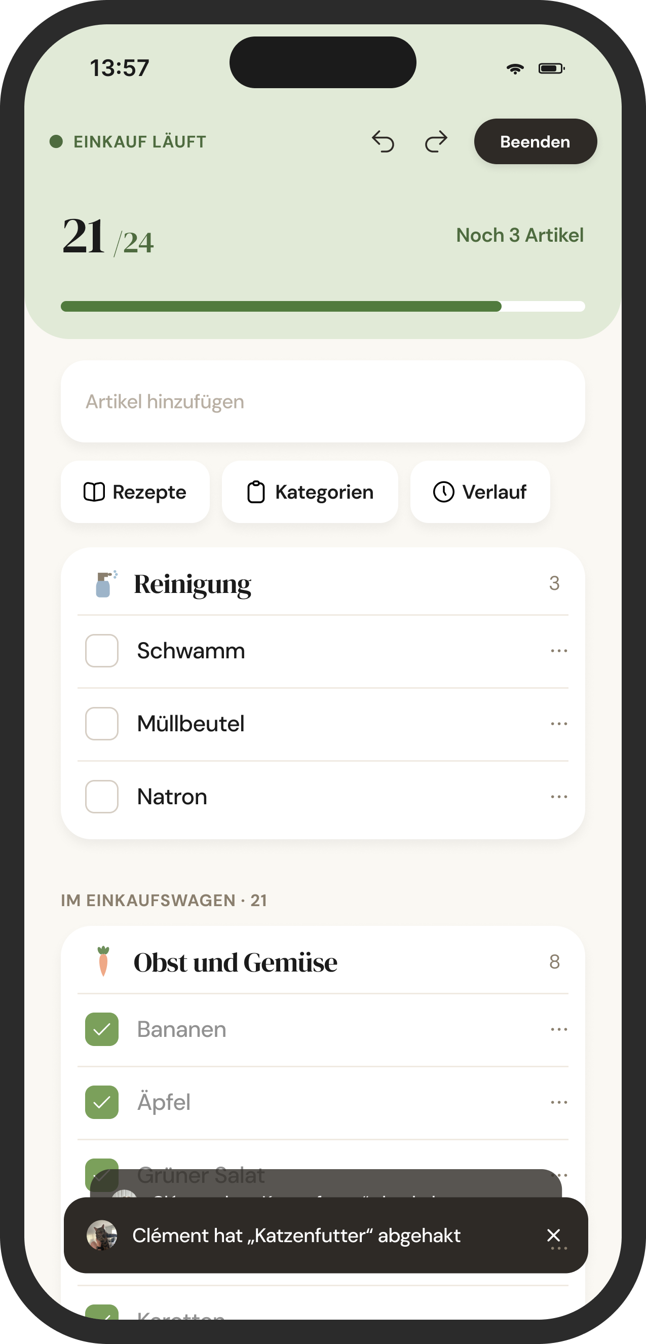 Einkauf läuft, Artikel werden nach und nach abgehakt