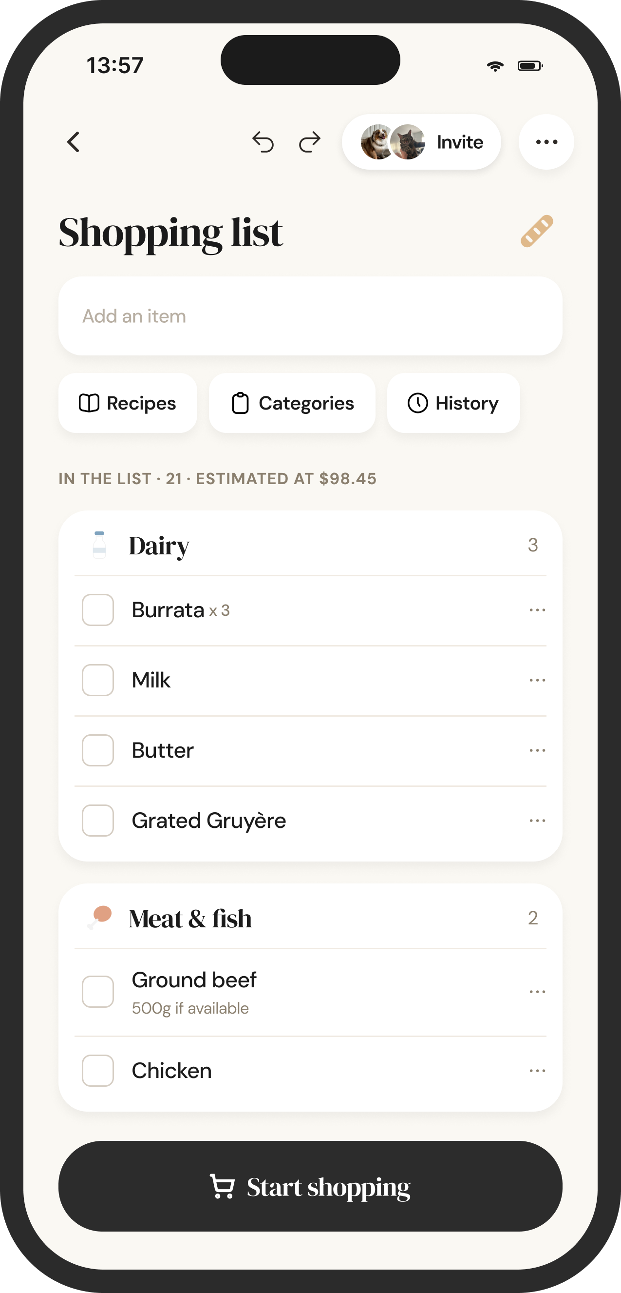 Shopping list sorted by aisle