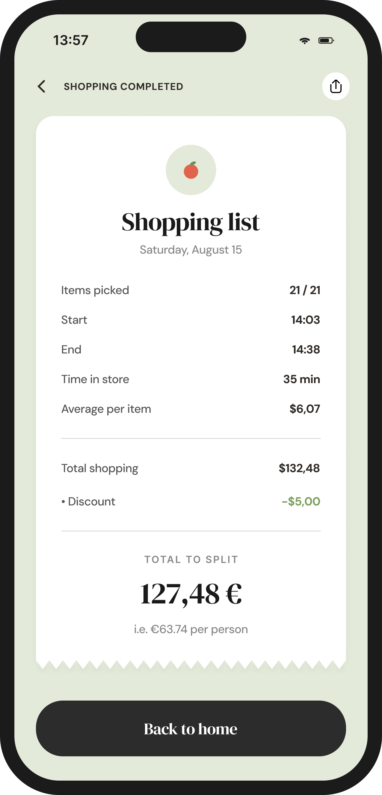 Recap of the shopping trip and the shared amount