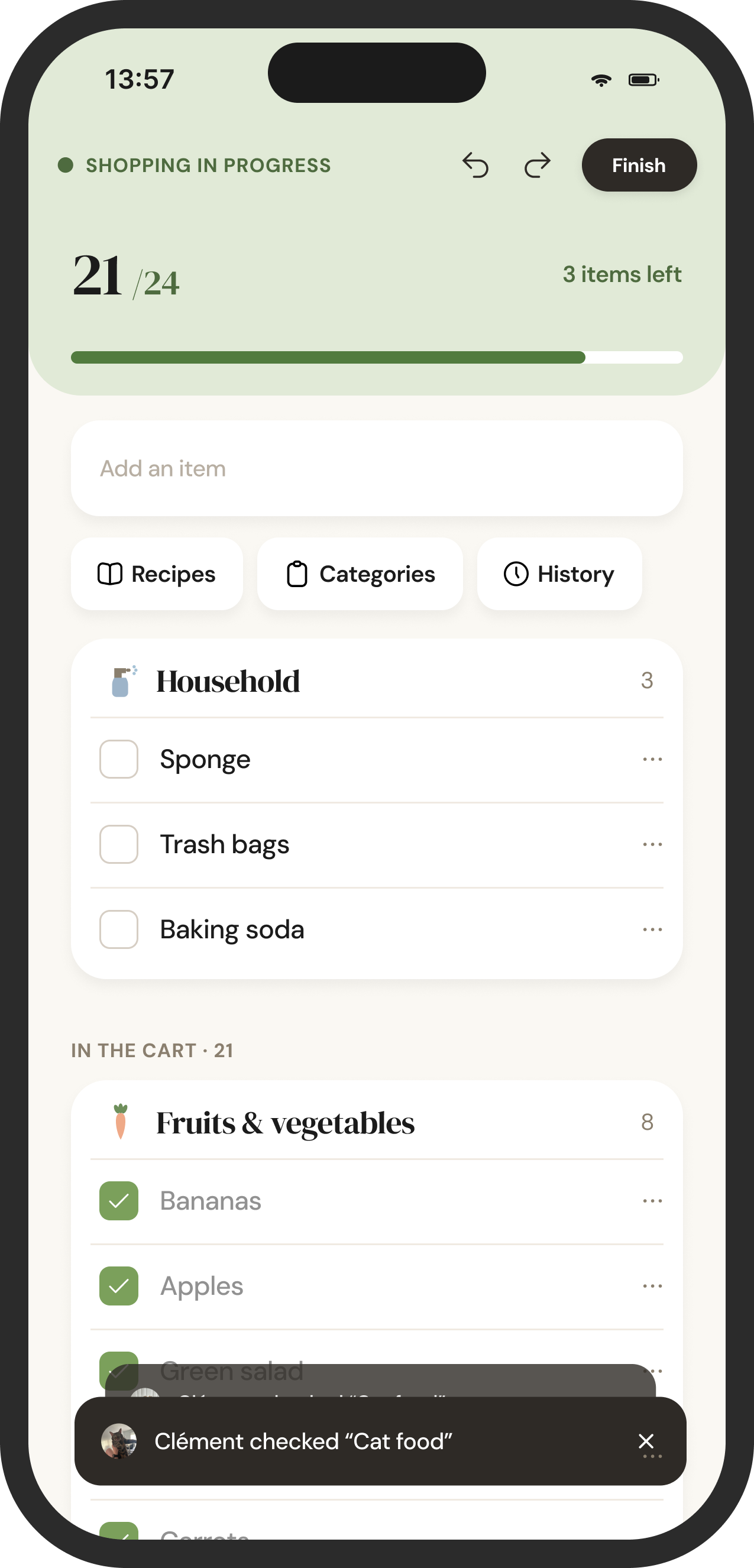 Shopping in progress, items checked off as you go