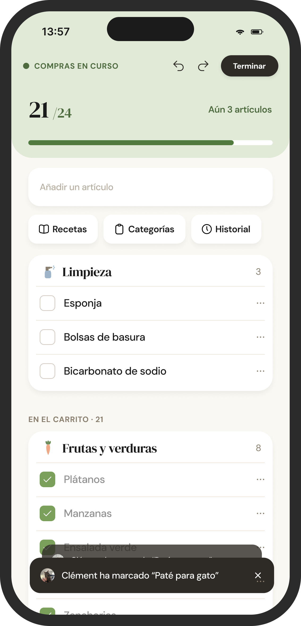 Compra en curso, artículos marcados a medida que avanzas
