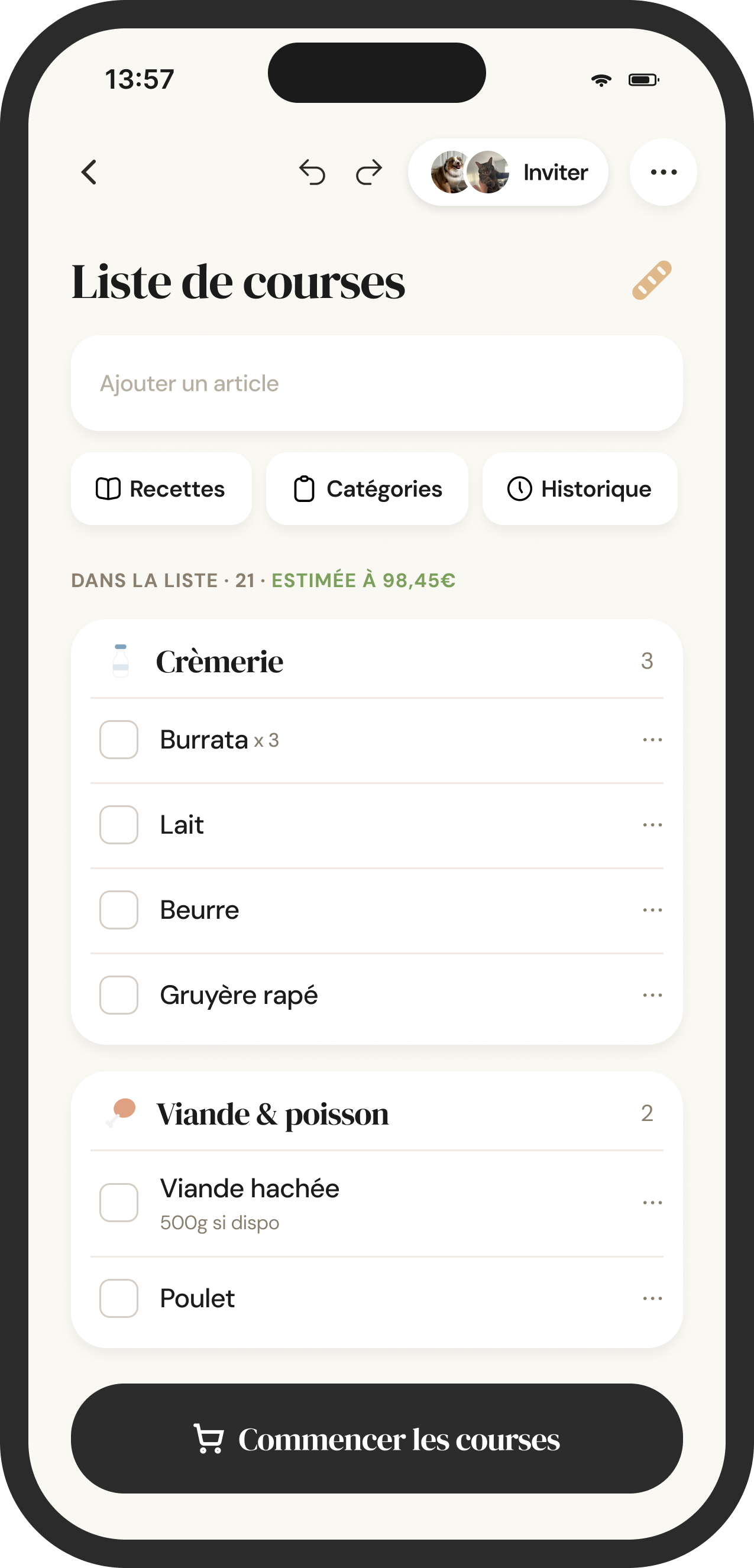 Liste de courses rangée par rayon