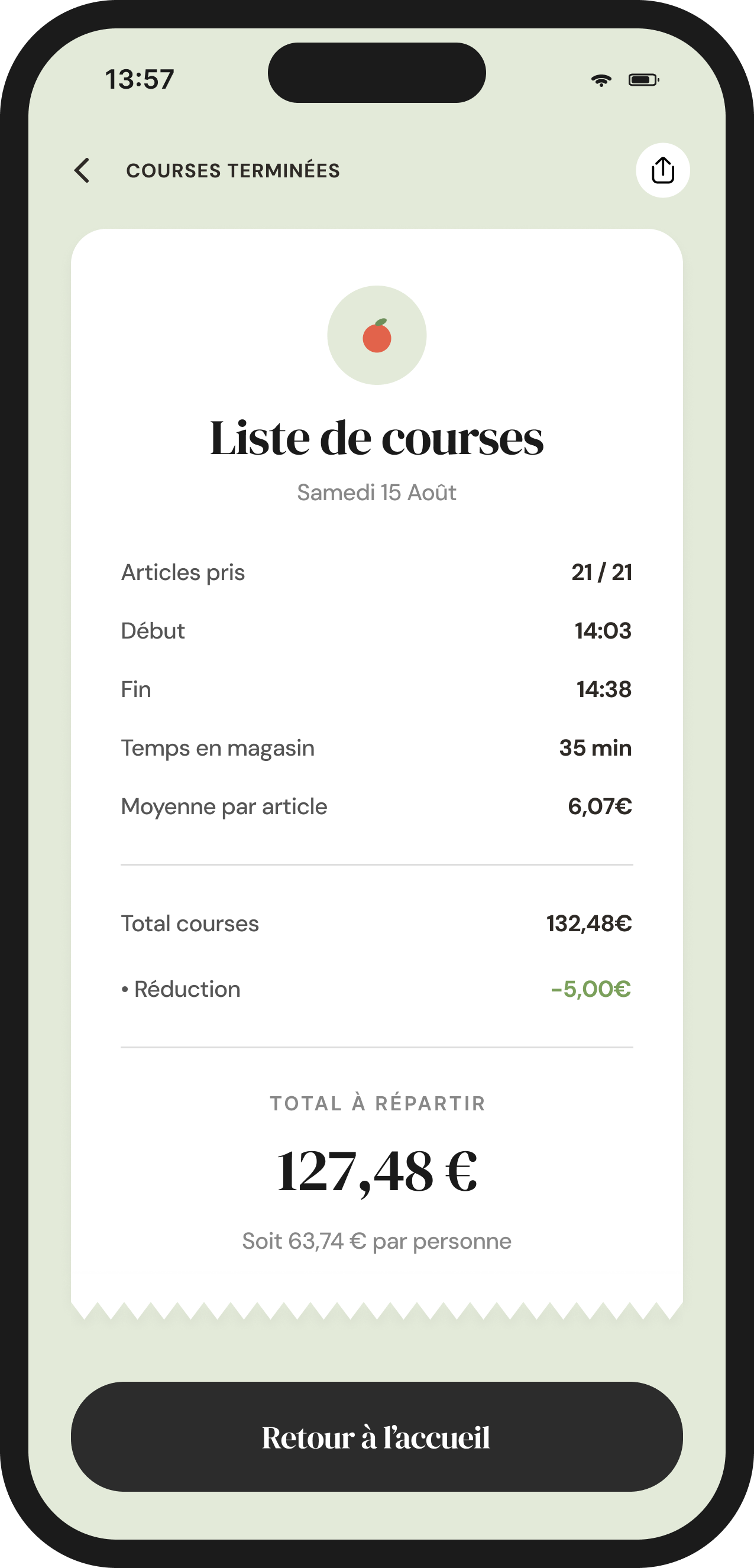 Récapitulatif des courses et du montant partagé