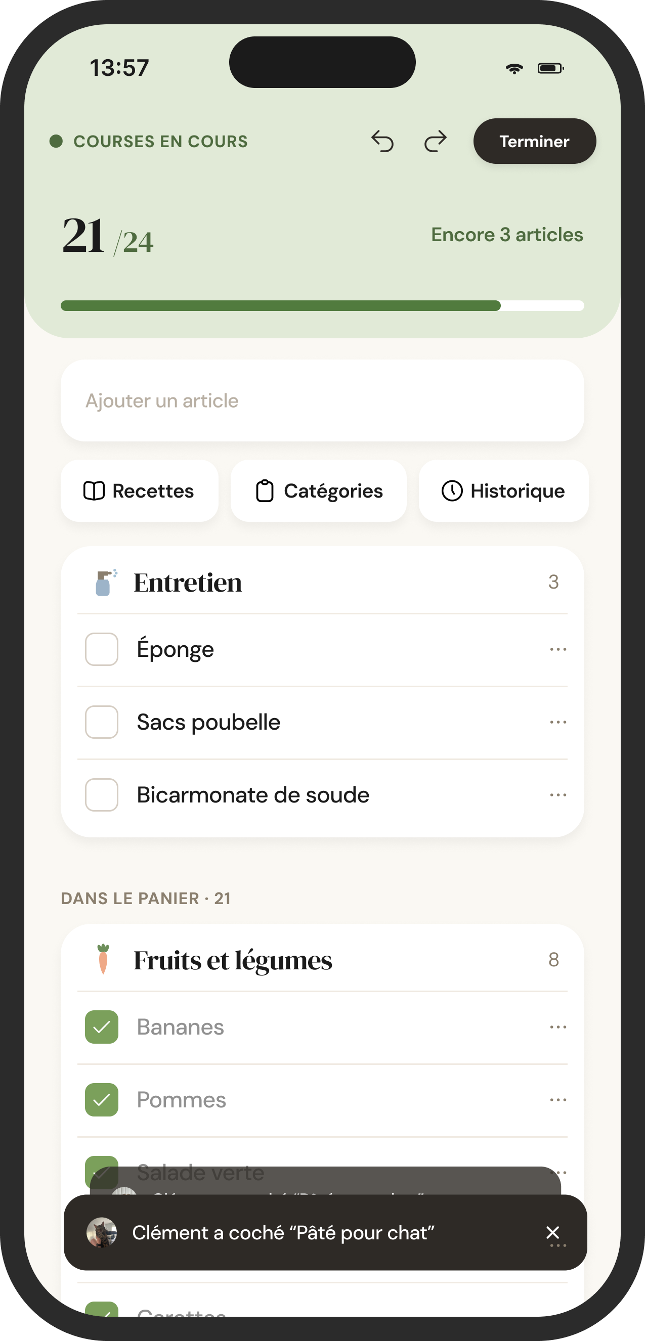 Courses en cours, articles cochés au fur et à mesure